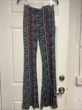 Boho Print Flared Pants - Teal Multi H.I.P. Size Medium - Blue Fun Printed Pants